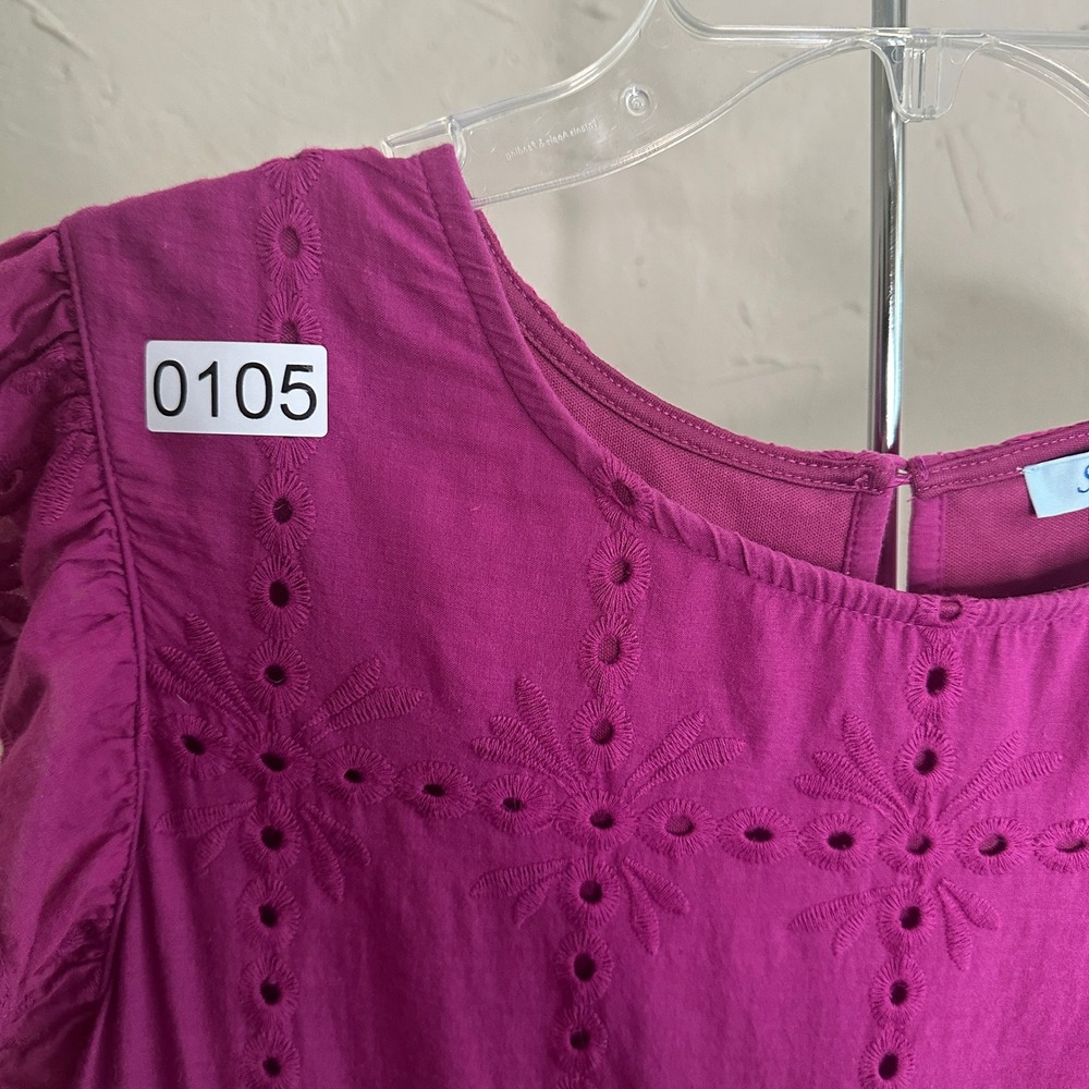 She + Sky Magenta Purple Eyelet Tiered Mini Dress Flutter Sleeve Small - Picture 7 of 7